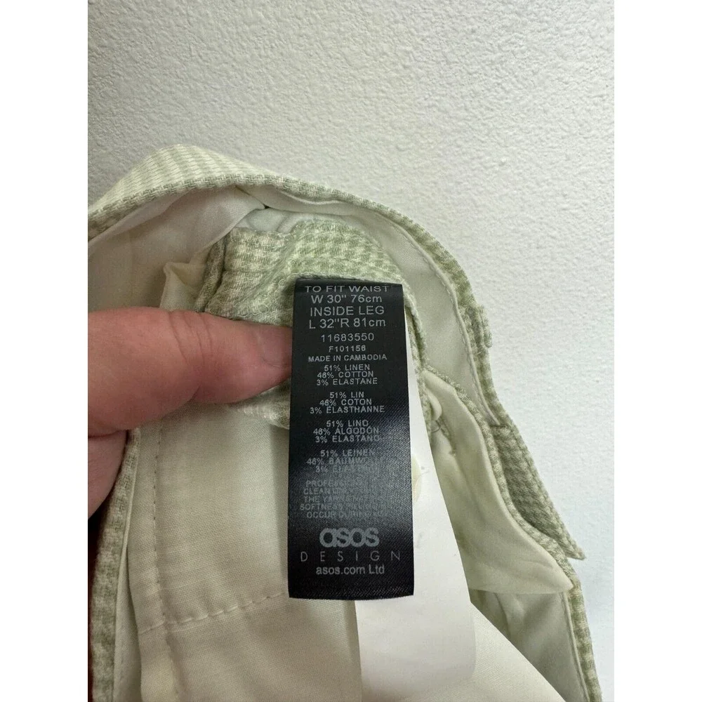 ASOS Design Sz 30 Super Skinny Suit Pant In Puppytooth Check Linen Green Stretch